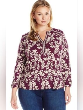 Lucky Brand Floral Split-Neck Blouse in Plum